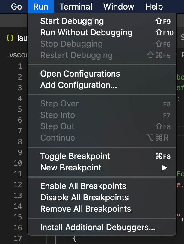 vs launch config menu